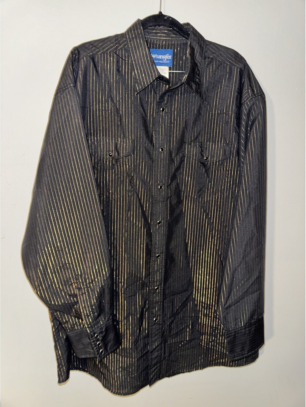 Vtg Wrangler Shirt-Mens XL-Black/Gold Metallic-Pearl Snap-Western-Long Sleeve